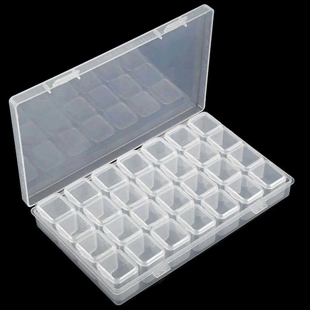 Clear plastic diamond painting storage box with multiple organizer trays and a lid