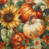 A vibrant painting featuring orange and yellow pumpkins, autumn leaves, and green foliage.