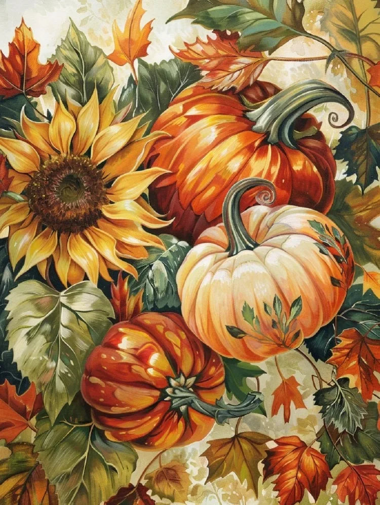 A vibrant painting featuring orange and yellow pumpkins, autumn leaves, and green foliage.