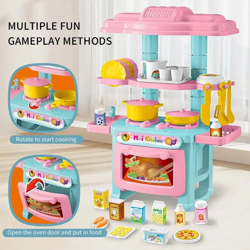 A pink and blue mini pretend play kitchen set with various cooking accessories and food items.