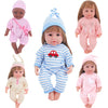 A collection of adorable cotton doll outfits featuring pink and blue striped pajamas and matching headbands for twelve-inch d