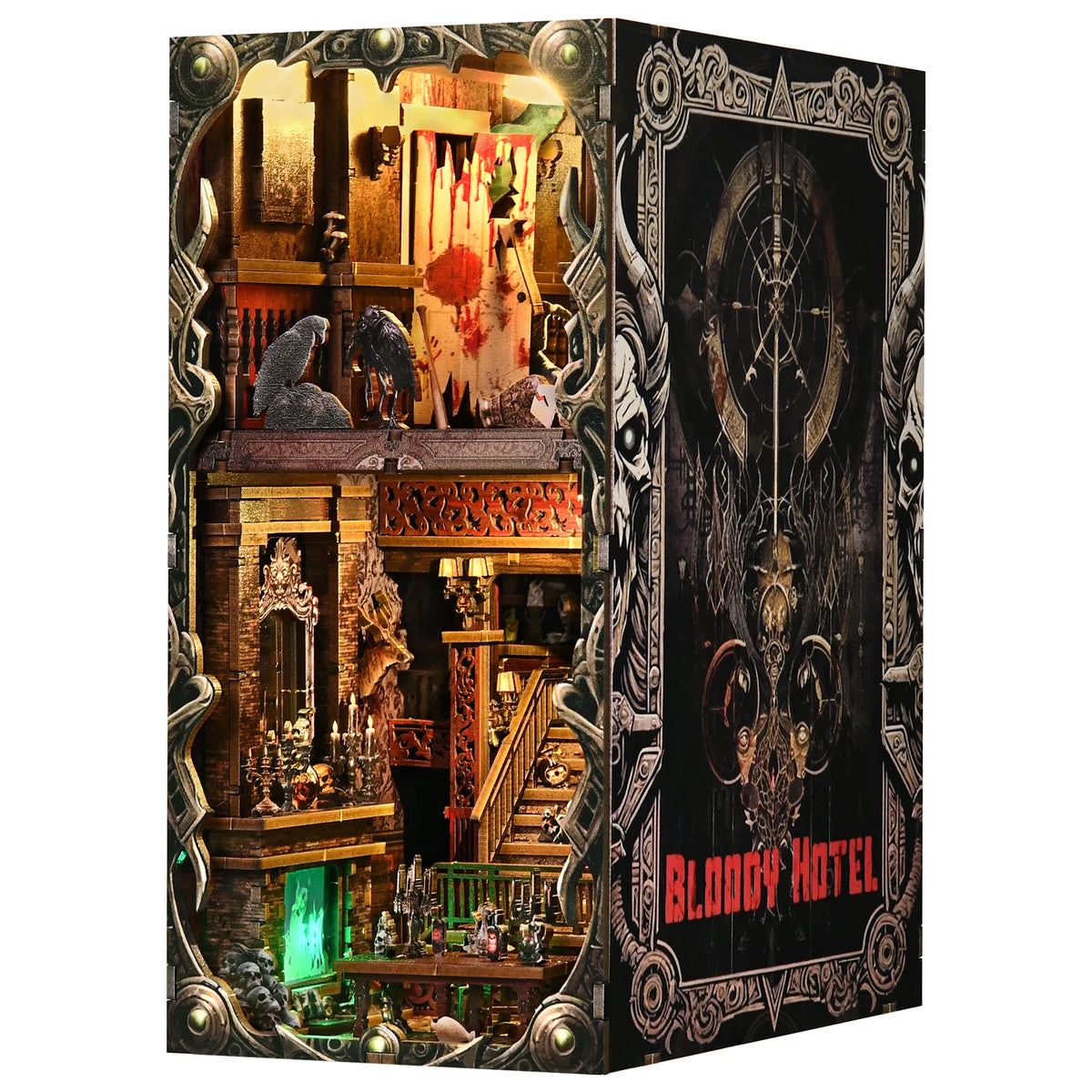 A dark, ornate box set featuring a diorama of a haunted hotel interior with detailed decor and gothic framing.