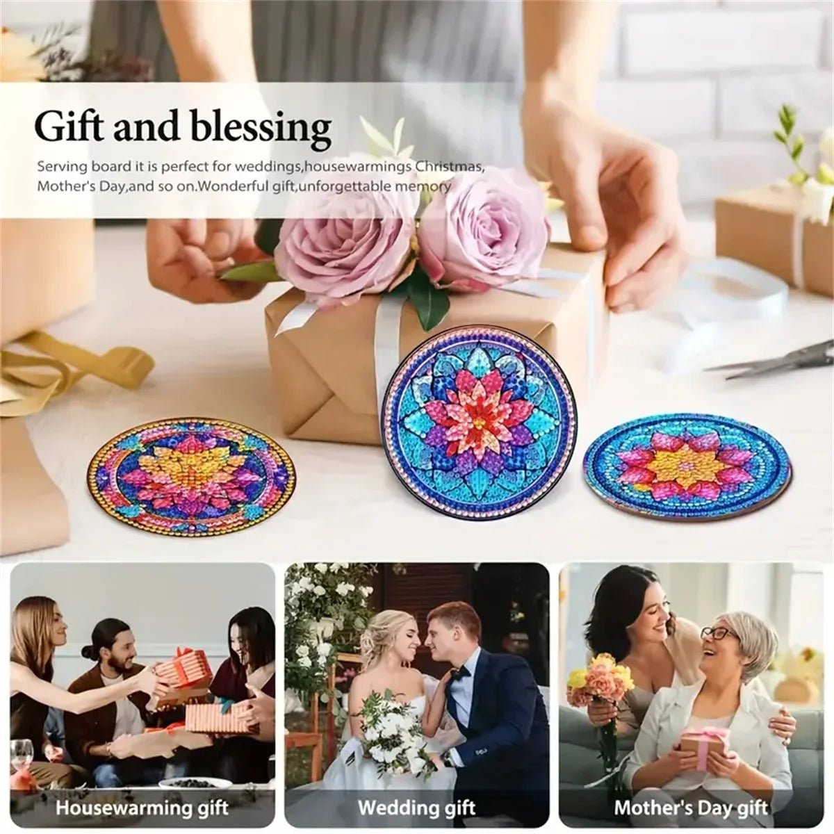 A set of DIY diamond painting coasters featuring colorful cat mandala designs on anti-slip wood.