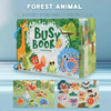 A colorful busy book for forest animals featuring pages, velcro strips, and accessories.