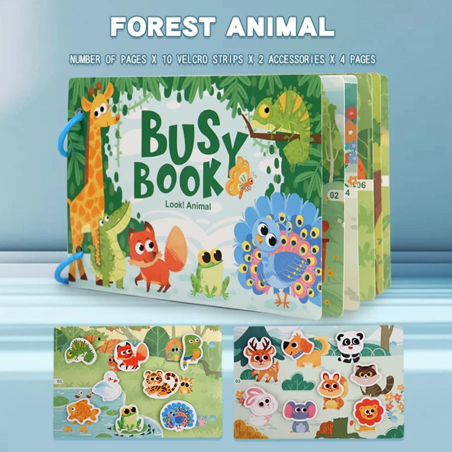 A colorful busy book for forest animals featuring pages, velcro strips, and accessories.