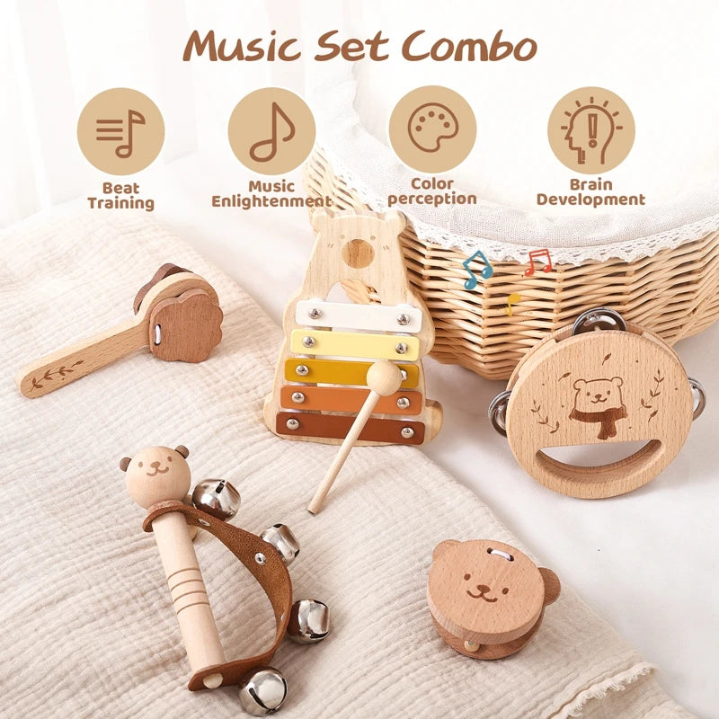 A wooden musical instrument set for toddlers featuring a drum, a xylophone, and bear-shaped toys for music and brain developm