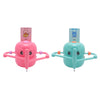 A pink smart drawing robot toy with a screen and green smart drawing robot toy.