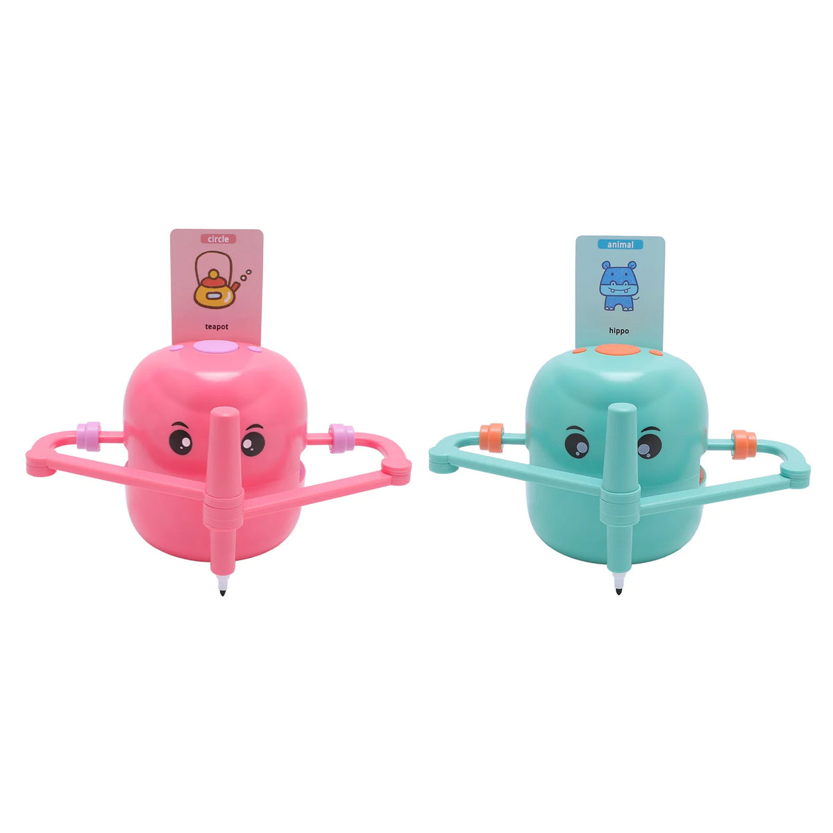 A pink smart drawing robot toy with a screen and green smart drawing robot toy.