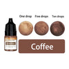 A set of coffee-colored liquid candle wax pigment drops, showing one, five, and ten drops.