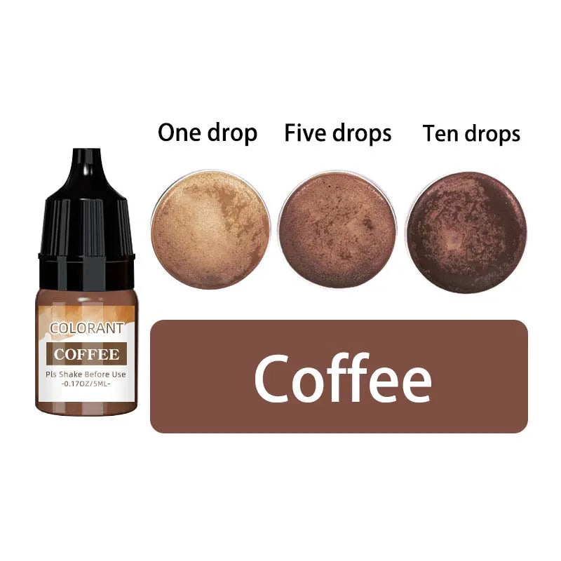 A set of coffee-colored liquid candle wax pigment drops, showing one, five, and ten drops.