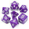 A collection of purple acrylic dice showing various numbers and shapes for tabletop role-playing games