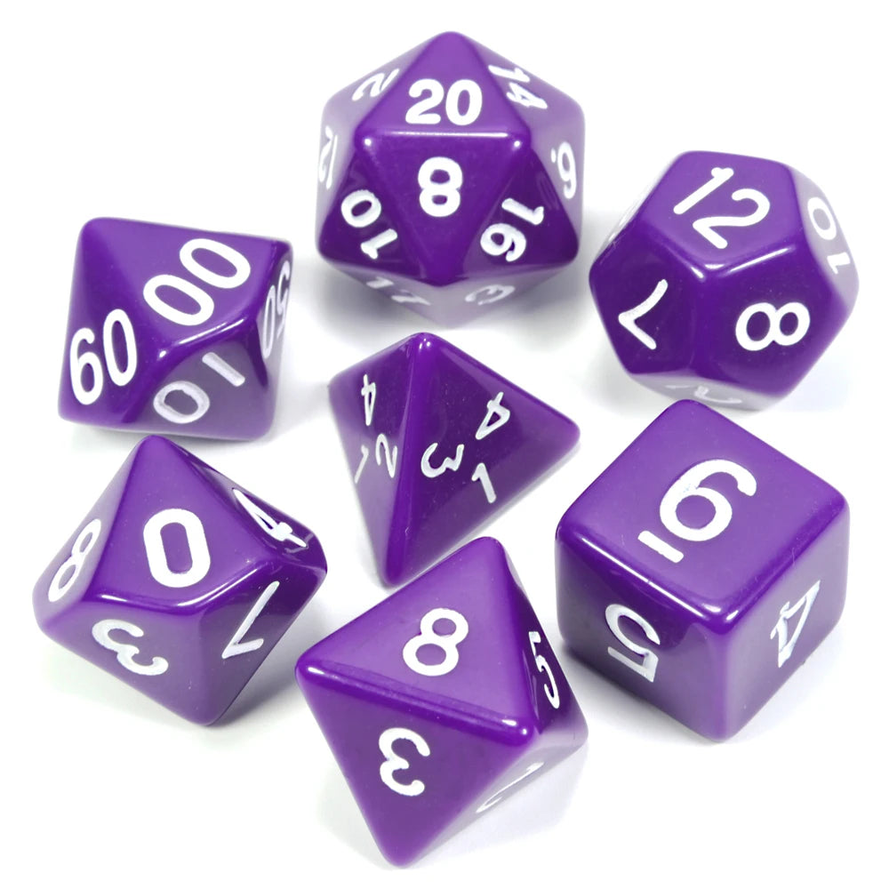 A collection of purple acrylic dice showing various numbers and shapes for tabletop role-playing games