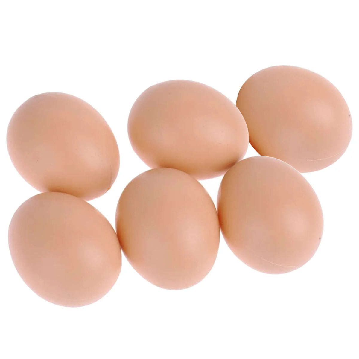 A group of six smooth, light brown plastic hen nesting eggs.