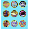 A collection of round paintings showing various colorful water marbling art techniques and finished pieces.