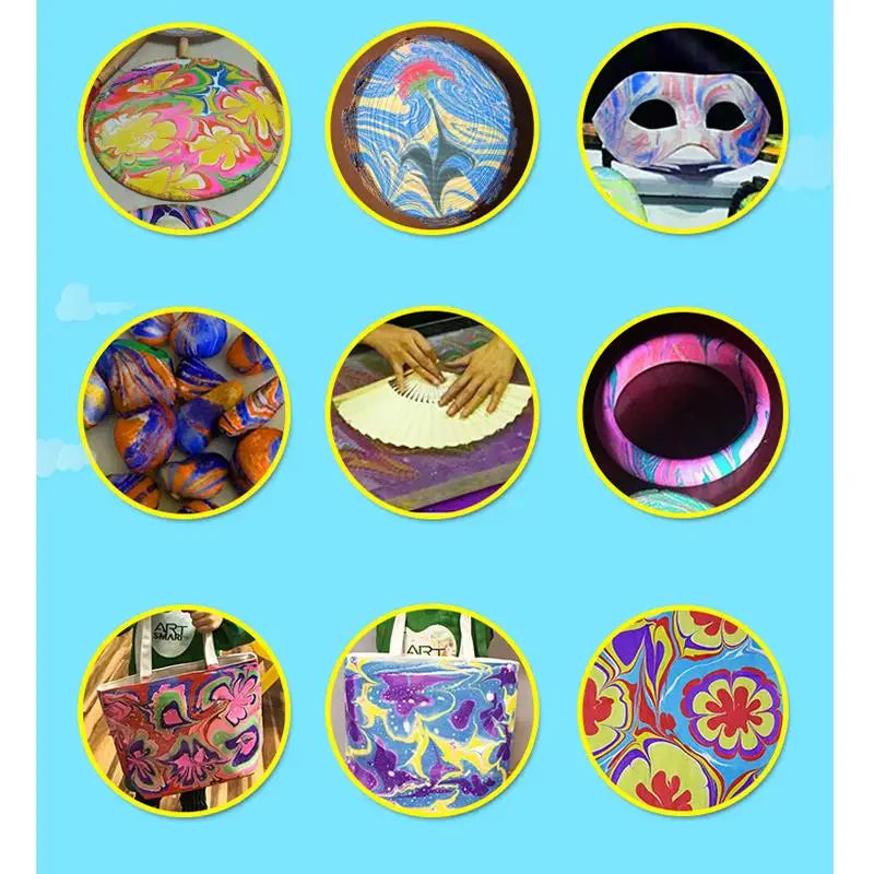 A collection of round paintings showing various colorful water marbling art techniques and finished pieces.