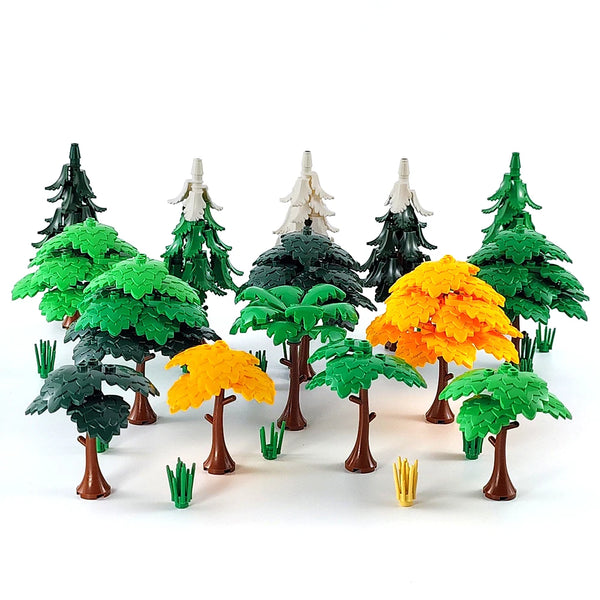 A set of building brick garden trees and plants in various shades of green and yellow.