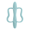 Light blue silicone teether with a textured tip and an easy-grip handle for babies