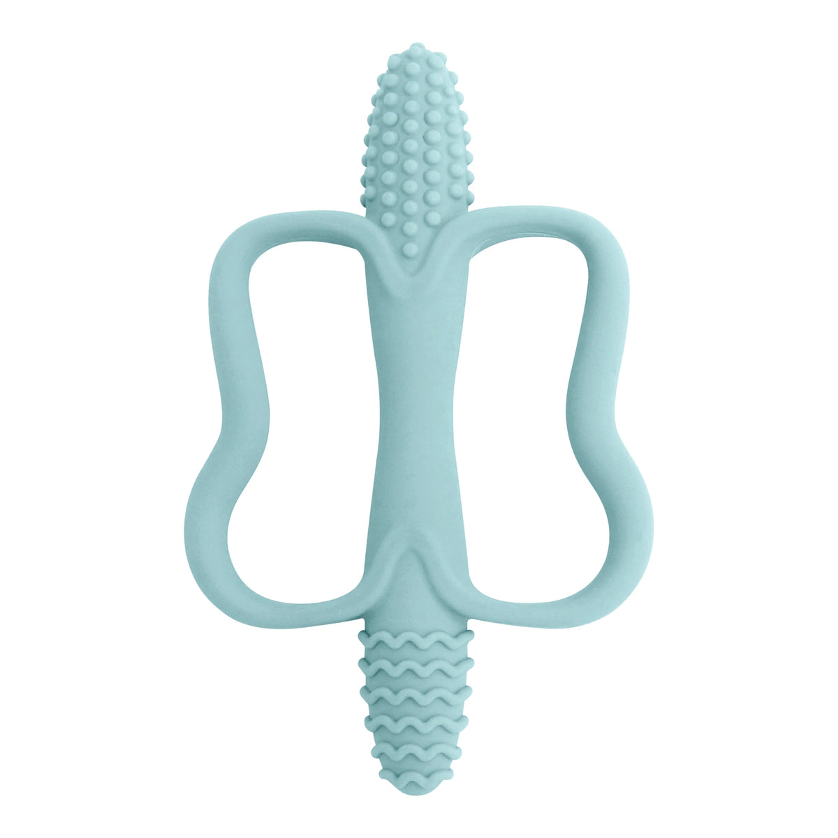 Light blue silicone teether with a textured tip and an easy-grip handle for babies