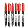 A pack of six red permanent fine-tip markers standing upright.