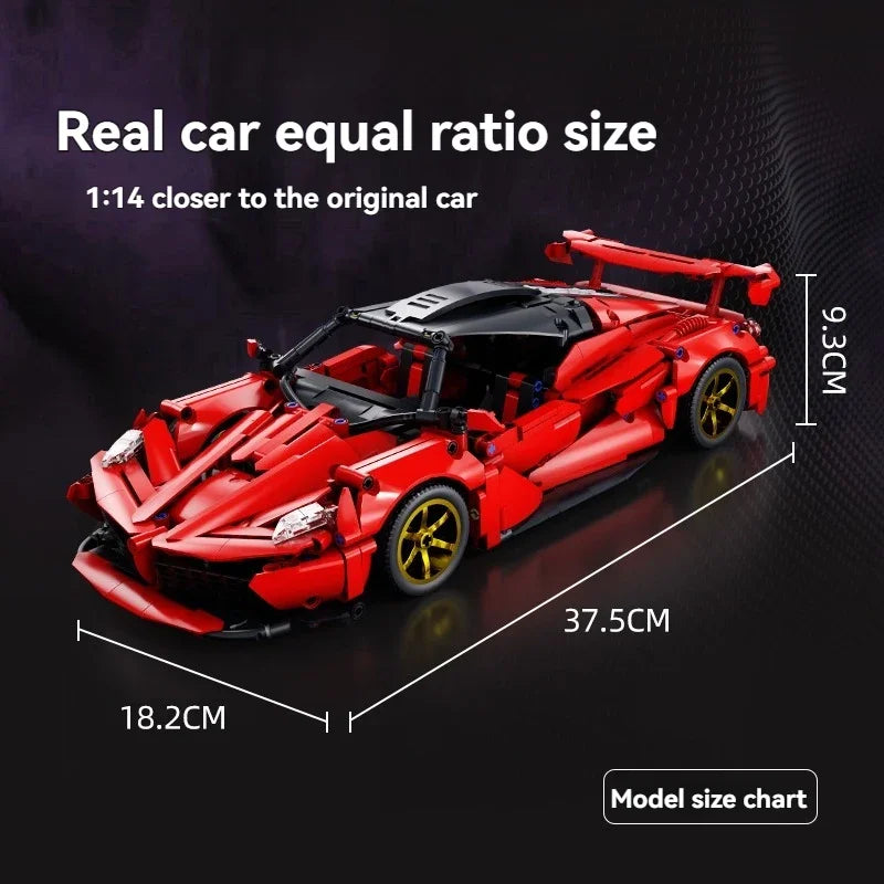 A red die-cast model of a hypercar built from building blocks, shown in a side view.