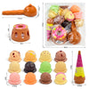A set of pretend play ice cream stacking toys in various colors and shapes, including a large orange ice cream and smaller ro