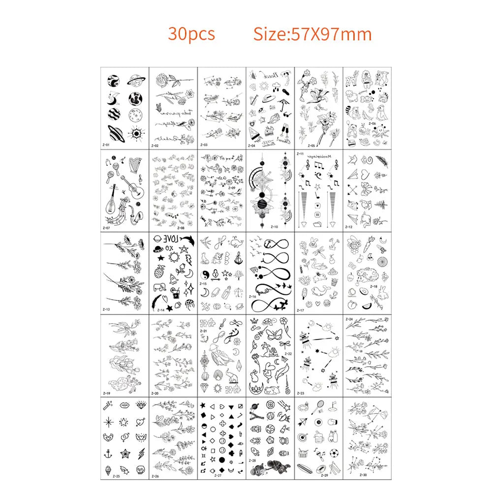A sheet of 30 temporary tattoos featuring various designs for kids and adults.