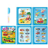 A set of five pages from a magic water coloring book featuring various colorful illustrations and scenes for toddlers.