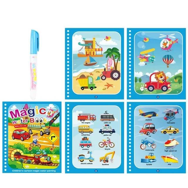 A set of five pages from a magic water coloring book featuring various colorful illustrations and scenes for toddlers.