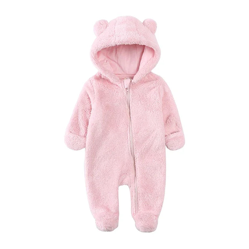 A pink baby bear fleece hooded romper with a zipper.
