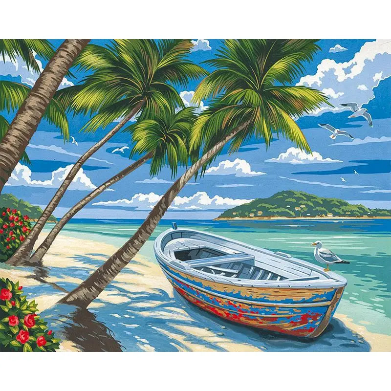 A painting depicting a tropical seascape with palm trees, blue water, and a boat on a sandy beach.