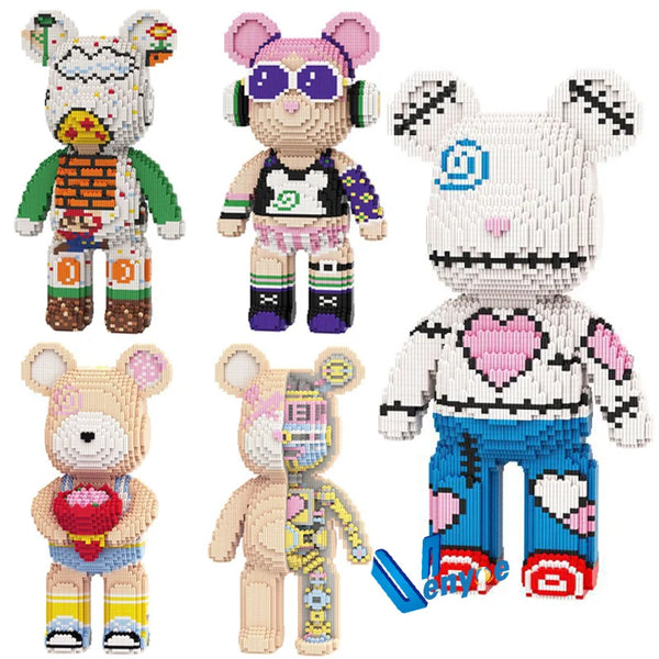 Un ensemble de quatre blocs de construction créatifs en forme d'ours, aux couleurs de bonbons et motifs fluides.