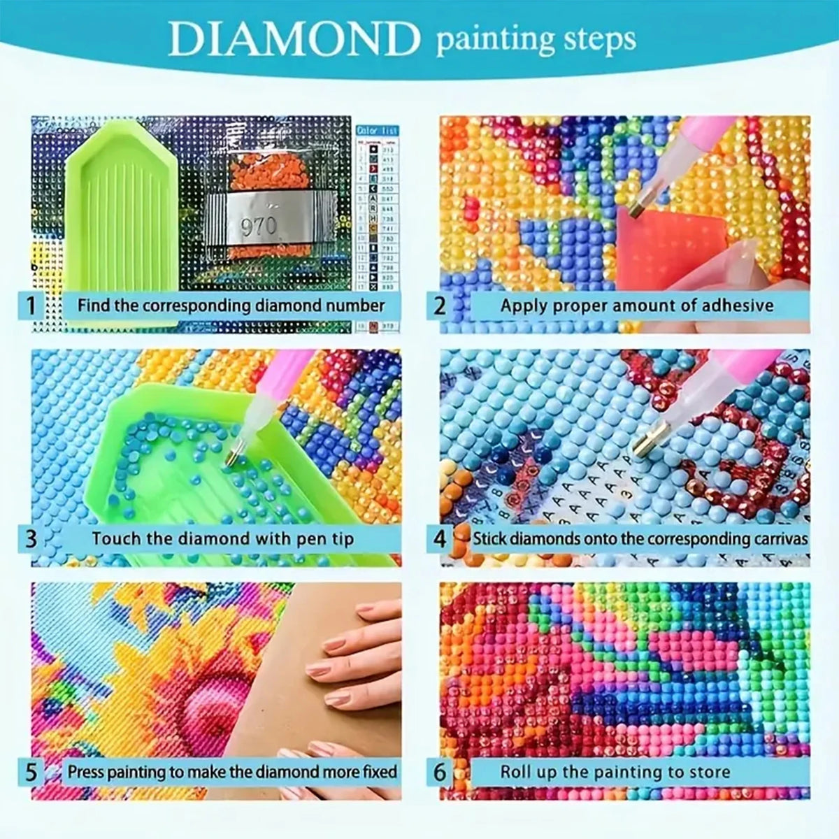 Six steps showing how to paint a diamond art piece, including finding numbers, applying adhesive, and sticking diamonds onto 