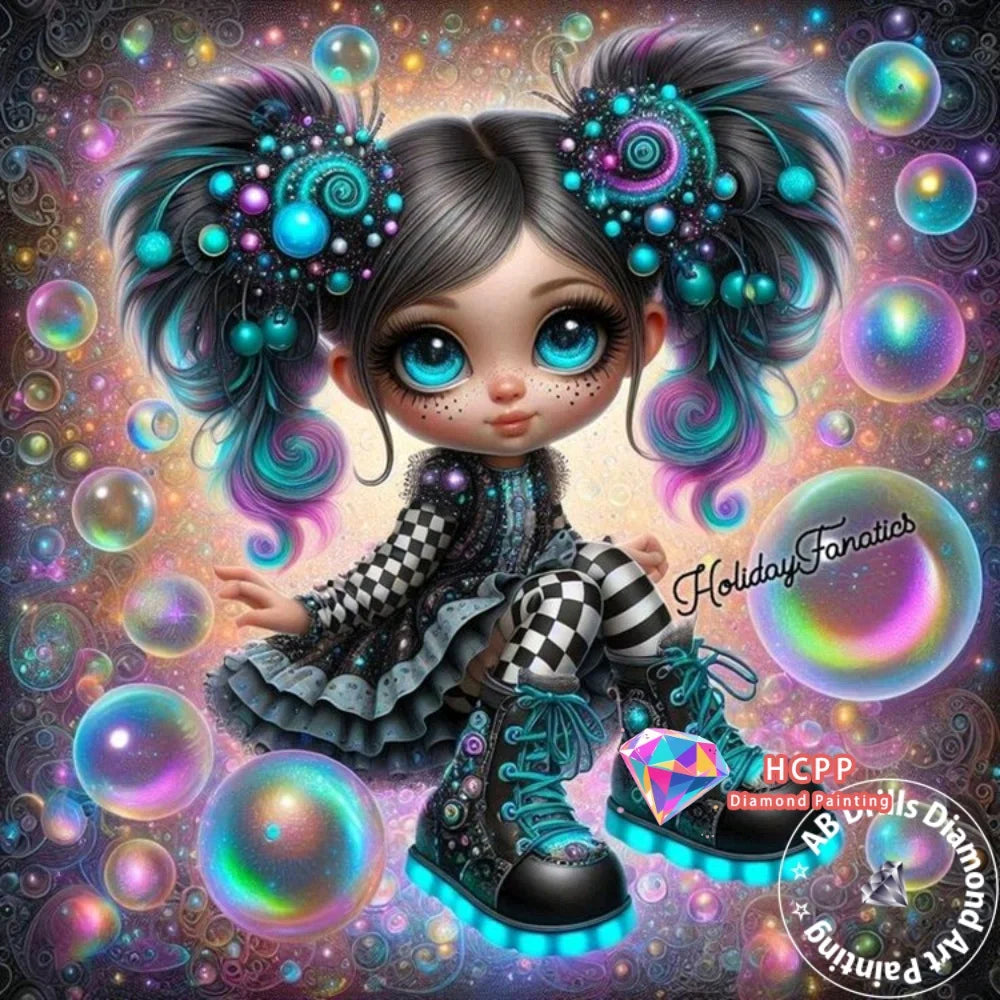 A cartoon illustration of a girl with dark hair and large blue eyes surrounded by sparkling gems and colorful abstract patter