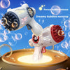 Pistolet à bulles avec thème astronaute blanc tirant des bulles sur une surface circulaire.