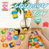 A collection of assorted mini food squishy toys in various colors and shapes displayed on a wooden surface.