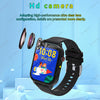 A black smart watch with a camera lens is displayed on a light blue background, showing a digital time of 10:08.