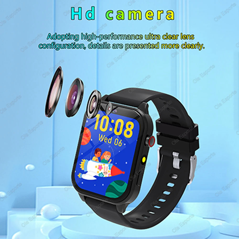 A black smart watch with a camera lens is displayed on a light blue background, showing a digital time of 10:08.