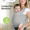 A woman holds a baby in a gray knitted fabric multi-functional baby carrier, demonstrating its use for newborns to 35 lbs.
