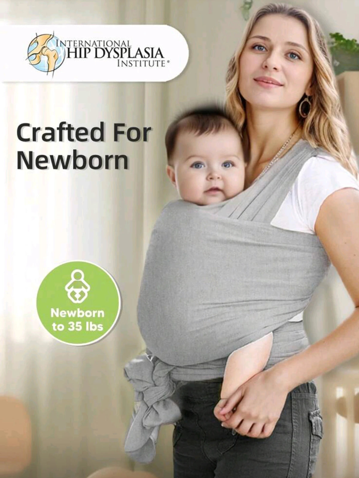 A woman holds a baby in a gray knitted fabric multi-functional baby carrier, demonstrating its use for newborns to 35 lbs.