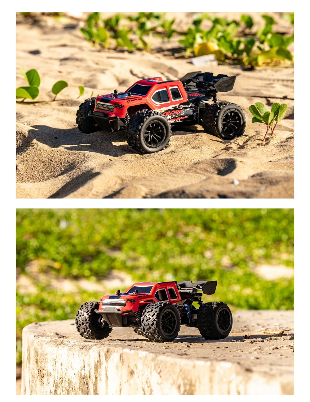A red and black off-road RC car with large tires is photographed on sand next to green plants.