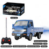 A blue RC truck model is shown with its remote control, water fill bottle, instruction manual, and stickers.