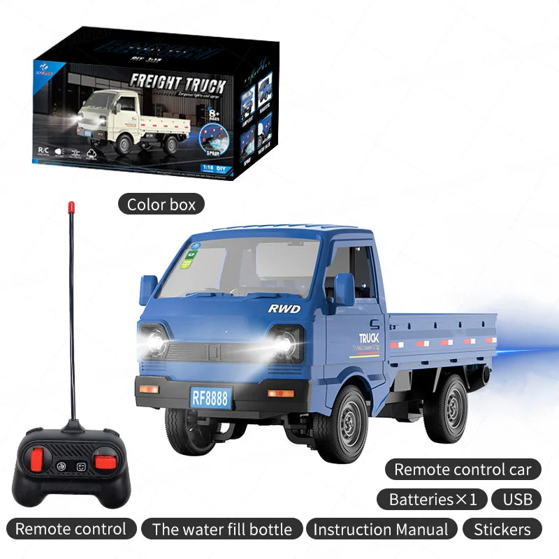 A blue RC truck model is shown with its remote control, water fill bottle, instruction manual, and stickers.