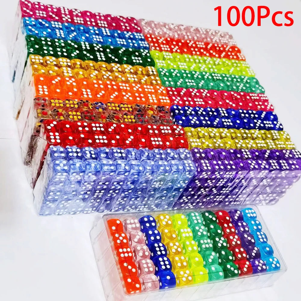 A large box of 100 pack acrylic 6-sided dice in various colors is shown, with a smaller tray of dice in the foreground.
