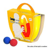 An orange box for a Loop the Ball game and skill toy with two colored balls shown next to it.