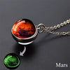 A pendant necklace featuring a glass sphere displaying an image of Mars, with a magnified view of the planet below.