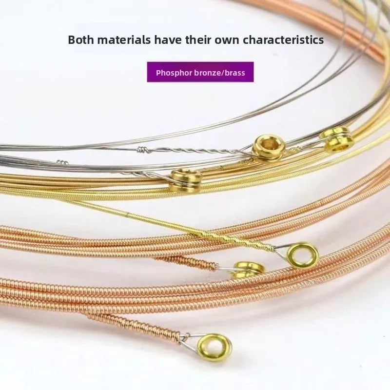 A close-up view of various phosphor bronze and brass acoustic guitar strings laid out.