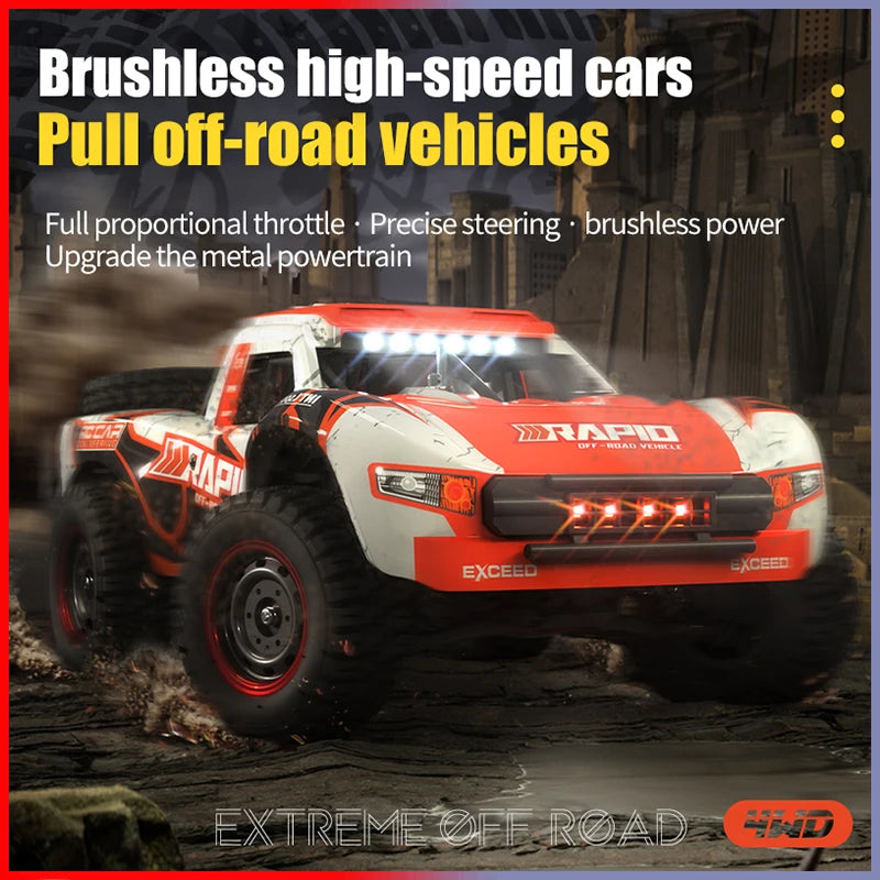 A red and white brushless high-speed off-road RC monster truck driving on a dirt track.