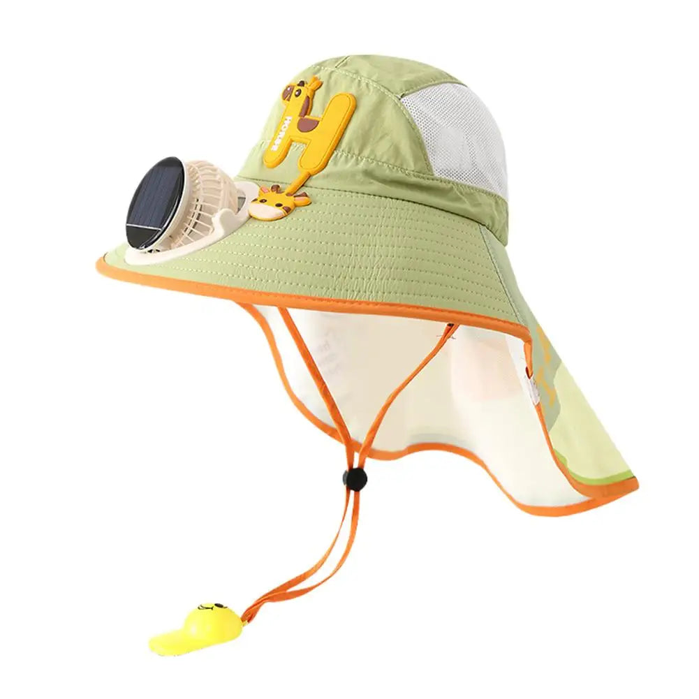 A light green sun hat with a mesh panel and an attached yellow USB charging fan.