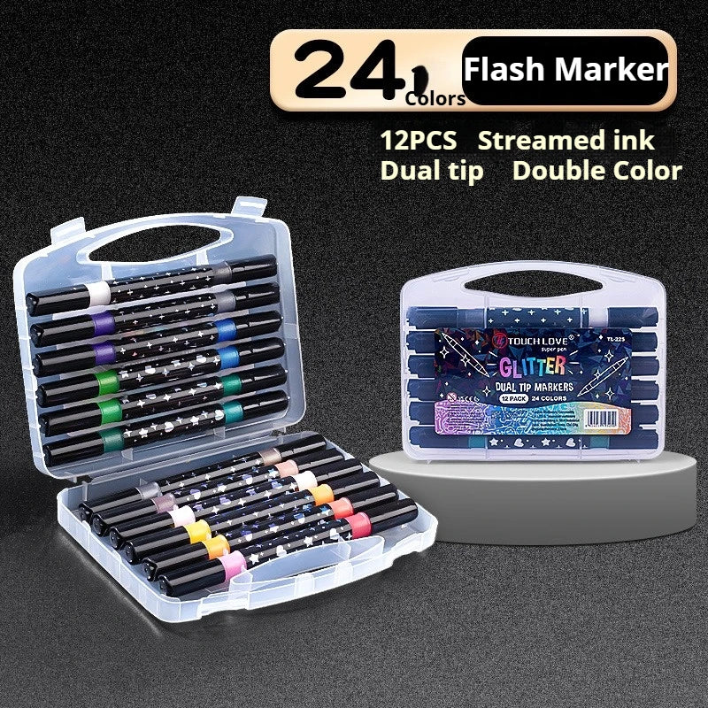 A set of 12 dual-tip streamer ink markers in various colors and metallic finishes displayed in an open plastic case.