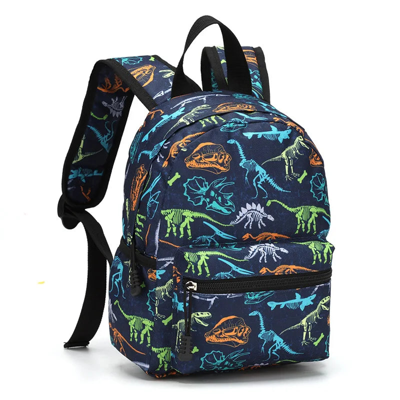 A dark blue cartoon kids backpack featuring various dinosaur illustrations.